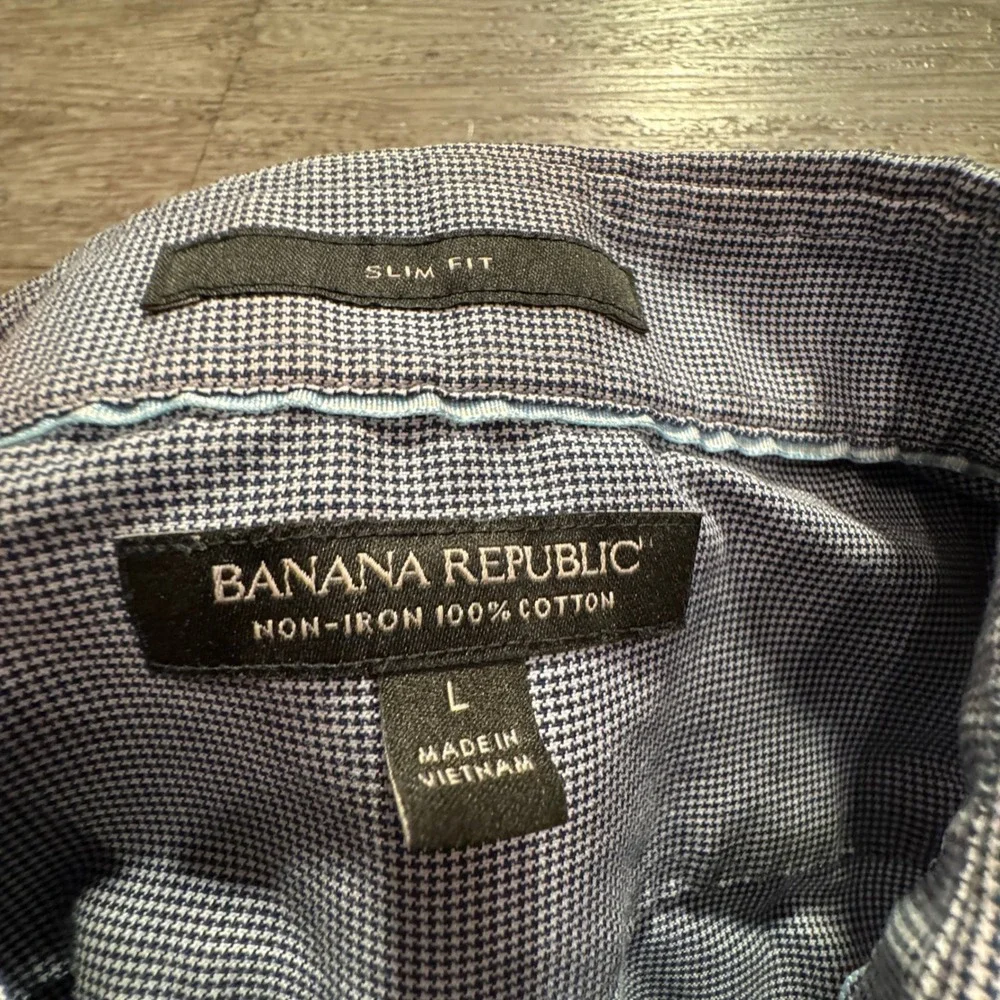 Banana Republic Shirt Mens L Blue Micro Houndstooth Cotton Cutoff Raw Sleeve